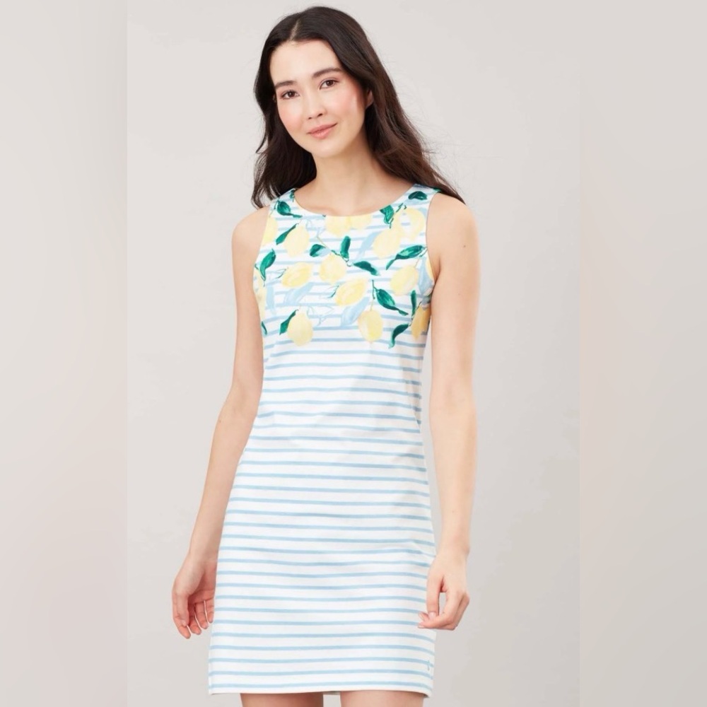 Boden Joules Riva Lemon Print Dress with Blue Stripes Sz 8